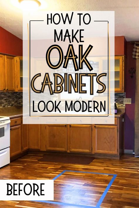 oak kitchen cabinets with wood floor, red walls with text overlay how to make oak cabinets look modern. Instagram, Ideas, Inspiration, Design, Modern, Stylish, Beautiful, Brenham, Style