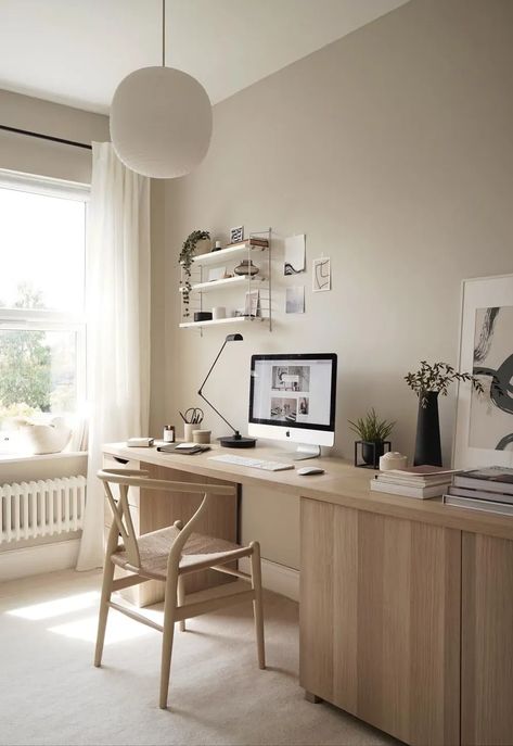 Pale oak desk, Wishbone chair, white linen curtains and String Pocket shelving in a minimalist yet cosy home office with greige walls | A home-office revamp with an IKEA desk hack | These Four Walls blog Greige Office Walls, Home Office Ikea Shelves, Best Ikea Desk, Scandi Style Office, Simple Office Chair, Ikea Small Home Office, White Home Office Design, Minimalistic Office Interior, Ikea Desk Havk