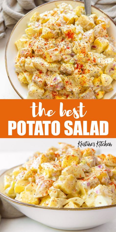 This Potato Salad Recipe makes the BEST classic potato salad! This favorite side dish is easy to make with egg, potatoes, pickle relish, onion, celery and a creamy homemade potato salad dressing. Enjoy this traditional potato salad at your next BBQ! Essen, Tyler Florence Potato Salad, Best Potato Salad Recipe With Egg, Potato Salad With Chicken, Easiest Side Dishes, Hellmans Potato Salad Recipe, Cooking And Grilling With Ab, Restaurant Inspired Recipes Easy, Easy Potato Sides