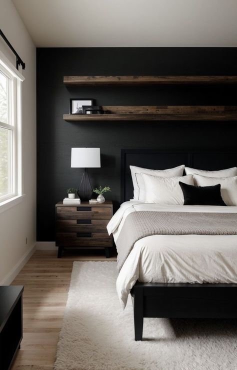 Small Masculine Bedroom, Modern Masculine Bedroom, Black Accent Wall Living Room, Gray Accent Wall Bedroom, Dark Modern Bedroom, Bedroom Masculine, Black And Grey Bedroom, Black Walls Bedroom, Grey Accent Wall