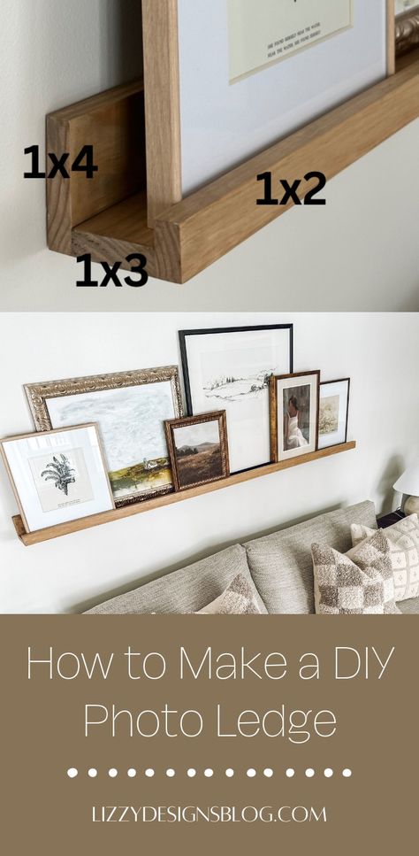 photo ledge with framed art Wooden Shelf Behind Couch, Diy Long Shelf Above Couch, Diy Floating Shelf Behind Couch, Picture Ledge Shelf Above Couch, Shelf Behind Couch, Ledge Shelf Over Couch, Diy Picture Ledge Shelf, Shelf Behind Couch Wall, Shelf Behind Couch Decor