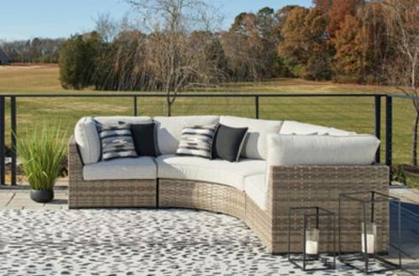 This cool, casual 3 pc. outdoor Calworth set will raise the comfort level and visual appeal of your outdoor living space. Set includes 2 corner seats and 1 curved loveseat. Made of handwoven wicker in easy-going light brown tones, the 3pc set blends beautifully into your lanai or pool and patio area with thick, comfy cushions wrapped in Nuvella high performance fabric that is stain resistant, fade resistant and easy to clean. Design, Casual, Outdoor, Outdoor Sectional Sofa, Outdoor Sofa, Outdoor Seating, Outdoor Furniture Sets, Outdoor Loveseat, Outdoor Sectional
