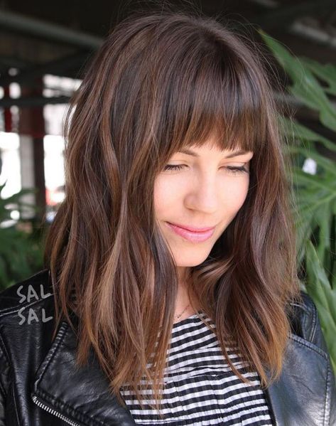 Brown Style with Bangs and Caramel Highlights Medium Length Hair Styles, Haircuts For Frizzy Hair, Medium Hair Styles, Haircuts With Bangs, Long Bob Haircut With Bangs, Bob Haircut With Bangs, Long Bob Haircuts, Thick Hair Styles, Medium Length
