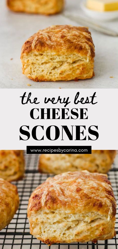 These Cheese Scones are crunchy on the outside, incredibly soft and fluffy on the inside and filled with savoury cheddar cheese! Snacks, Scones, Brunch, Muffin, Dessert, Crêpes, Cheese Scones, Cheese Scones Easy, Cheese Scone Recipes