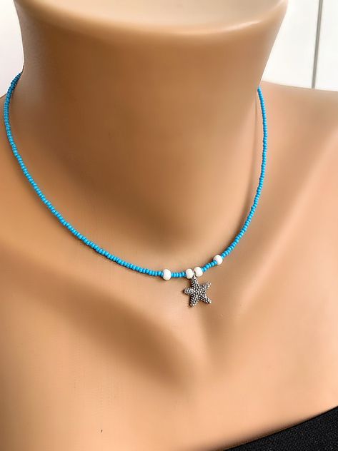 Silver Plated Necklace Starfish Necklace, Elegant Jewelry, Birthday Gift, gift for Her, Blue Beaded Pendant Necklace, Star Shape Necklace, by NalansJewellery on Etsy Bijoux, Beaded Jewellery, Jewelry Necklace Pendant, Starfish Necklace, Beaded Pendant Necklace, Pendant Necklace, Beaded Jewelry, Beaded Pendant, Starfish Pendant