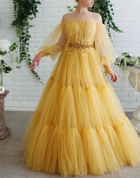 Simple Prom Dress Long, Prom Dresses Elegant, Yellow Gown, Puffy Dresses, Long Sleeve Prom, Prom Dresses Yellow, Belle Dress, Tulle Ball Gown, Prom Dresses Long With Sleeves