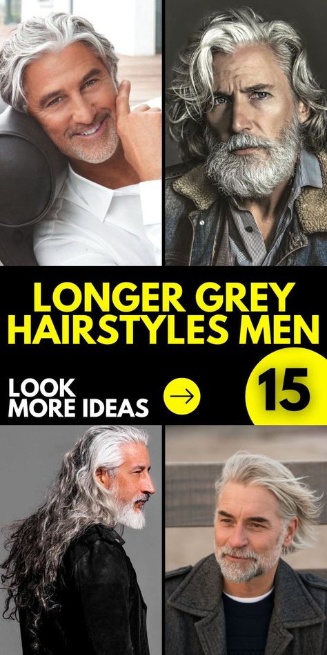 Embrace the charm of longer grey hairstyles for men, perfect for silver foxes over 50 who proudly sport their salt and pepper hair. These styles offer versatility and include options like ash color patterns and natural layers, allowing older men to showcase their distinguished look. Long Hair Styles, Men, Brown Hair Men, Mens Grey Hairstyles, Grey Hair Men, Cool Hairstyles For Men, Stylish Haircuts, Curly Hair Men, Men's