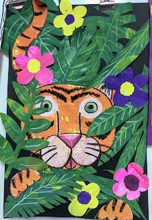 Elements of the Art Room: 3rd Grade Painted Paper Henri Rousseau and Cassie Stephens inspired Tiger Collage Elementary Art, Crafts, Jungle Art Projects, Kids Art Projects, Art Lessons For Kids, Art Lessons Elementary, Elementary Art Projects, Art For Kids, Matisse Art Project
