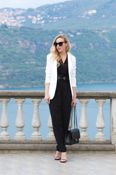 black jumpsuit with white blazer, black and white outfit with Chanel Jumbo black caviar bag, how to wear a blazer over jumpsuit Outfits, White Blazer Outfits, Jacket Outfits, Black Blazers, Blazer Outfits, Black Jumpsuit, Black Jumpsuit Outfit, Jumpsuit With Jacket, Jumpsuit And Blazer