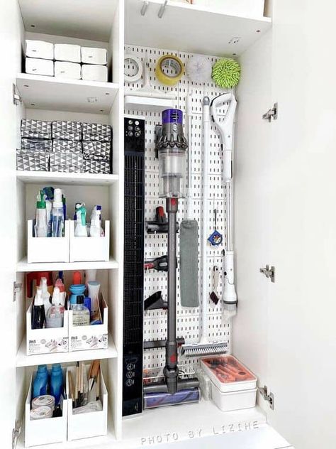 With a little creativity and some simple tools, you can transform your chaotic utility closet into a functional and stylish space. Organisation, Ikea, Closet Design, Utility Closet, Dekorasi Rumah, Shelf Board, Laundry Design, Closet Remodel, Laundry Room Design
