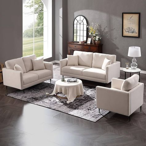 Amazon.com: Morden Fort Sofa Set, 3 Piece Living Room Furniture Set w/Pillows, Comfy Upholstered 3-Seat Couch Set, Loveseat and Accent Armchair for Apartment, Office : Home & Kitchen Home Décor, Living Room Sofa, 3 Piece Living Room Set, Sofa Set, Couch Set, Wayfair Living Room Sets, Contemporary Chairs, Furniture Sets, Classic Sofa