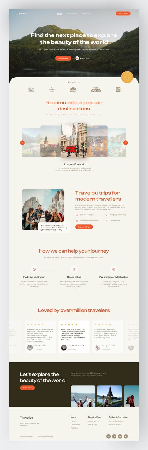 Travelbu - Travel Landing Page designed by Yoğa Pratama for Columbus. Connect with them on Dribbble; the global community for designers and creative professionals. Interface Design, Landing Page Design, Web Design, Web Layout, Design, Designers, Food Web Design, Travel Website Design, Web Design Inspiration