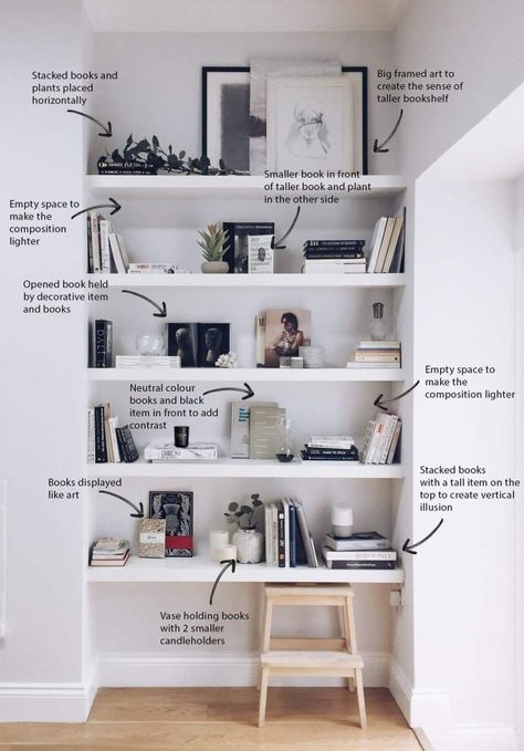 How to decorate your shelves: the minimal style - The White Interior Home Décor, Book Shelves In Bedroom, Shelf Ideas For Living Room, Office Bookshelf Decor, Book Shelf Ideas Bedroom, Bookcase Styling Bedroom, Room Shelves, Shelf Decor Living Room, Bookcase Decor Living Room
