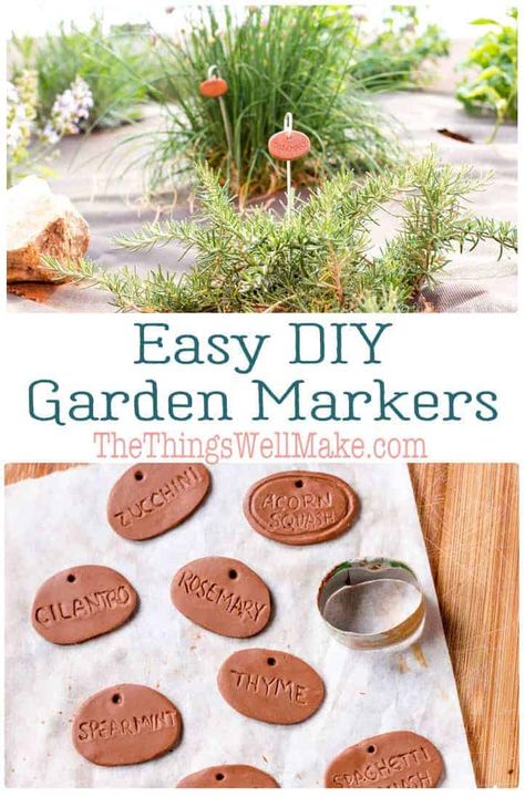 Super cute and easy to make, these DIY polymer clay garden markers are a durable way to dress up your garden. Use them to mark your herbs and other plants, or just as decoration. #garden #gardening #gardeningcrafts #thethingswellmake #miy Diy, Crafts, Garden Markers Clay, Garden Markers Diy, Herb Garden Markers, Garden Markers, Garden Crafts, Garden Plant Markers, Diy Garden Projects