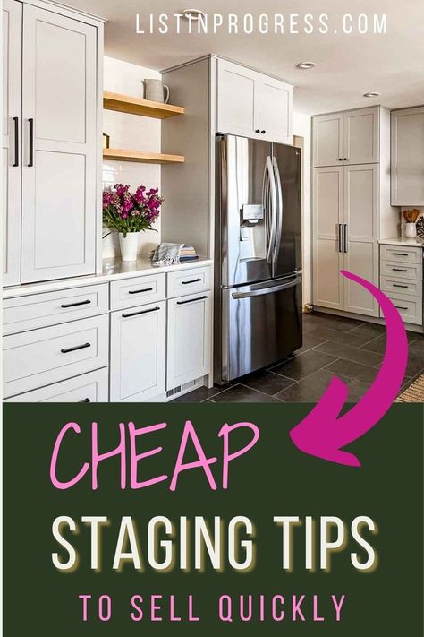 Planning to sell your home? Don't miss this roundup of 5 budget tips to make staging a breeze. Save this post for reference! Diy, Home, Cabinet, Kitchen Staging, Kitchen Sale, Updating House, Home Staging Tips, Staging, Home Staging