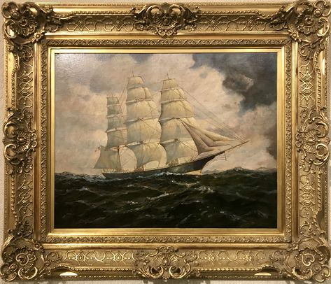 Antique Oil Painting of Masted Ship in original Restored Frame available at Avery Gallery Art, Inspiration, Films, Antiques, Antique Oil Painting, Framed Oil Painting, Antique Paint, Oil Painting Gallery, Old Paintings