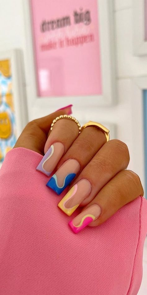 colourful abstract french tip nails, abstract french tip nails, colorful french tip nails, french twist manicure Nail Art Designs, Acrylic Nail Designs, Colourful Nails, Multicoloured Nails, Best Acrylic Nails, Cute Acrylic Nails, Coloured French Nails Tips Square, French Nail Designs, French Tip Nails