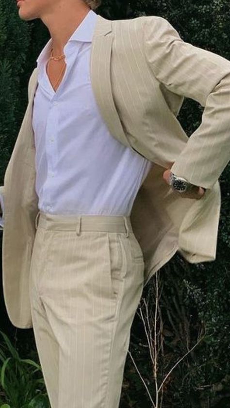 Man is wearing a beige pinstripe suit with a white collard shirt. Inspiration, York, Mens Dress Outfits, Formal Suits Men, Men Suit Outfit, Suits For Guys, Mens Summer Wedding Suits, Men Dress, Tailored Suits