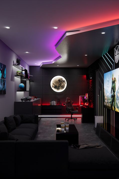 This Gaming room was designed in Riyadh, Only geometrical zig zag shapes were used to achieve the Scifi look with LEDs going all over the space. 
If you want to get your room designed DM us on Instagram @dopegamingsetup Gaming Room Setup, Gaming Room Setup Bedrooms, Gaming Lounge, Small Gaming Room Ideas, Gamer Room Design, Gaming Rooms, Game Room Design, Gaming Bedroom, Video Game Room Design