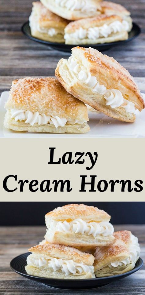 Lazy Cream Horns - All the cream horn flavor without all the work! Puff pastry filled with cream horn filling. #recipes via @peartreechefs Pie, Brownies, Desserts, Dessert, Cupcakes, Muffin, Breads, Crêpes, Cannoli