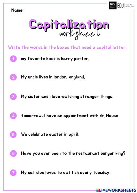 Capital Letters interactive worksheet for Intermediate. You can do the exercises online or download the worksheet as pdf. Art, Reading Comprehension, Worksheets, Punctuation Worksheets, Cvc Words, Capital Letters Worksheet, Letter Worksheets, First Grade Reading Comprehension, English Collocations