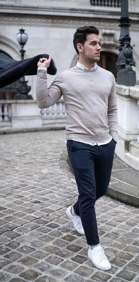 How to Wear White Sneakers for Men (Fashion & Style Inspiration) Outfits, Fashion Models, Fall Outfits Men, Mens Casual Outfits, Sweater Outfits Men, Stylish Mens Outfits, Business Casual Men, Mens Clothing Styles, Gray Coat