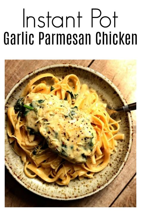 Instant Pot Garlic Parmesan Chicken–a fast and easy chicken dinner with a creamy garlic parmesan sauce with chopped spinach. We like to eat this chicken and sauce with fettuccine noodles or with mashed potatoes. #instantpot #instapot #pressurecooker #chicken Slow Cooker, Pasta, Crockpot Recipes, Crockpot, Crock Pot, Easy Instant Pot Recipes, Pressure Cooker Recipes, Instant Pot Pressure Cooker, Cooker Recipes