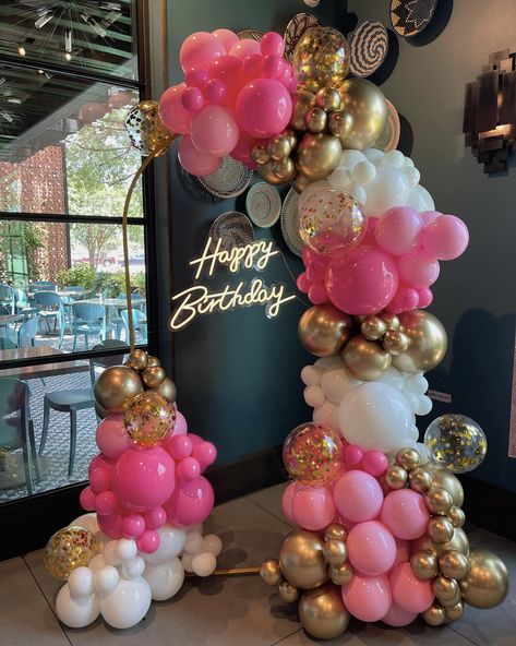 Pink, Gold, and White Birthday Balloon Arch by Capri & Eros Occasions Houston Pink Gold Party Decorations, Pink And Gold Birthday Party, Gold Balloons Decorations, Gold Birthday Party Decorations, Pink Birthday Decorations, Gold Birthday Party, Birthday Balloon Decorations, Gold Party Decorations, Birthday Decorations