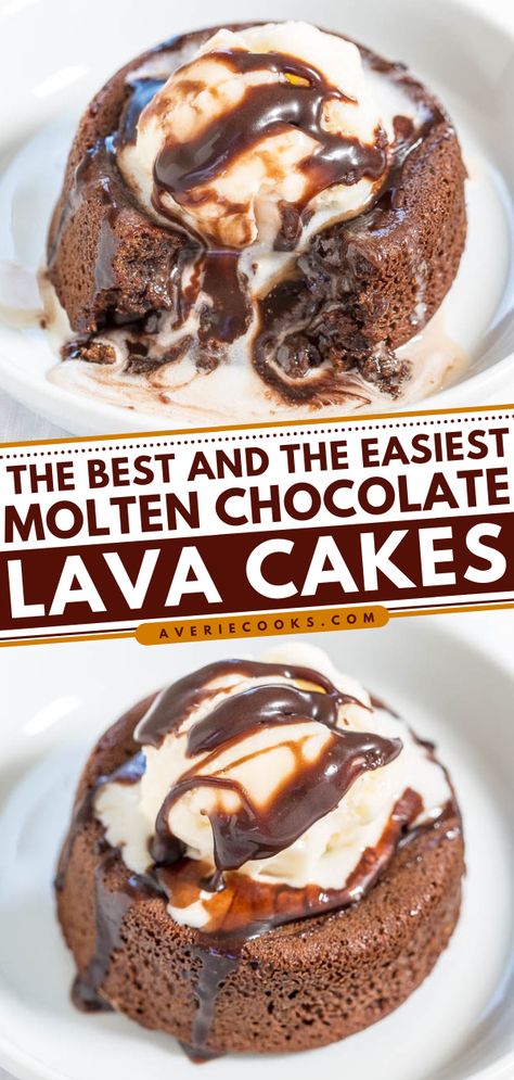 Best and Easiest Chocolate Lava Cake Recipe - Averie Cooks Best Chocolate Cake Ever, Easy Chocolate Lava Cake, Chocolate Lava Cakes, Chocolate Lava Cake Recipe, Homemade Hot Fudge, Molten Chocolate Lava Cake, Molten Chocolate Cake, Lava Cake Recipes, Skillet Chocolate Chip Cookie