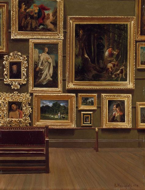 The Picture Gallery in the Old Museum (1879). Enrico Meneghelli (American, born in Italy, 1853-after 1912). Oil on paperboard. MFA, Boston. Features a salon-style installation in the second-floor Paintings Gallery as it appeared after the expanded Museum reopened in mid-1879. The large painting with the dogs is The Quarry by Gustave Courbet. Below it hangs Thomas Couture’s Two Soldiers. Head of a Man, the small work at the left, halfway up the wall, was then attributed to Tintoretto but was late Museums, Statue, Vintage, Dark Academia, Old Things, Artsy, Dark Academia Aesthetic, Light In The Dark, Dark Aesthetic