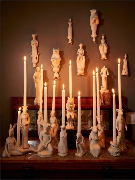Sacred Space: Han Feng's home sculptural ceramic candle altar. Robin Whiteman’s ceramic figures and candle holders have pride of place on a wall by the kitchen. Flowers, Sculptures, Altar, Photo Studio, Gallery, Candle Shrine, Candle Altar, Taper Candle, Basteln