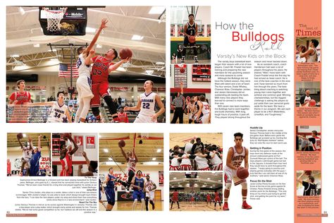 Fort Zumwalt South High School, O'Fallon, Missouri; boys basketball spread with strong dominant photo, feature story and secondary coverage  modules Design, Editorial, Layout, Layout Design, High School, Senior Pictures Sports, High School Yearbook, Yearbook Sports Spreads, Yearbook Staff