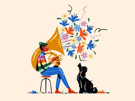 Tuba & Dog by Brad Cuzen on Dribbble Illustrators, Art, Digital Illustration, Untitled, Newspapers, Kunst, Children Illustration, Illustration Design, Editorial Illustration