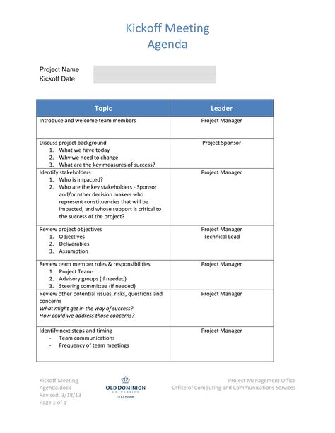 Kick Off Meeting Agenda - How to create a Kick Off Meeting Agenda? Download this Kick Off Meeting Agenda template now! Organisation, Team Meeting Agenda, Meeting Agenda Template, Meeting Agenda, Project Management Professional, Project Management Templates, Business Planning, Business Analysis, Effective Meetings