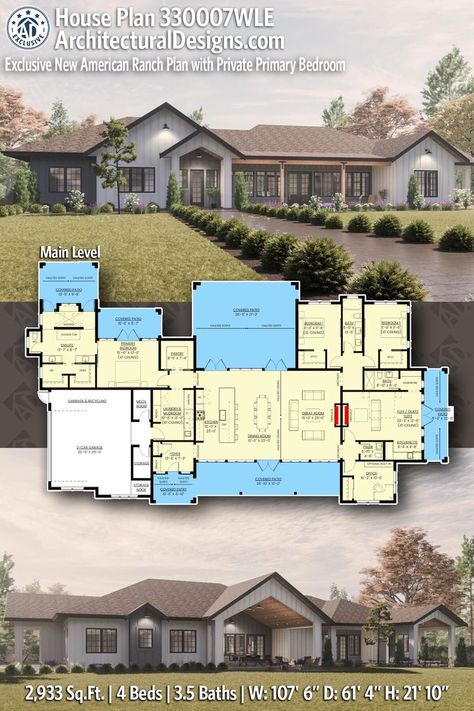 Plan 330007WLE: Exclusive New American Ranch Plan with Private Primary Bedroom | Ranch house plans, Dream house plans, Modern house plans House Floor Plans, Layout, House Plans, Architecture, Design, House Plans One Story, Family House Plans, Ranch House Plans, Ranch Style House Plans