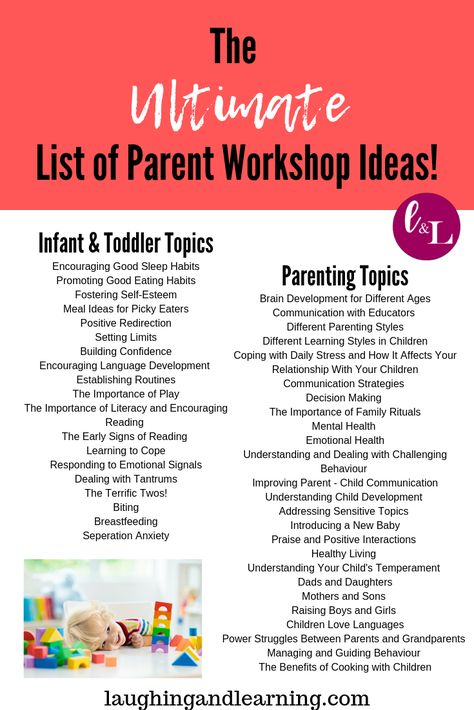 Use this Ultimate List of Parent Workshop Topics to start planning and implementing engaging workshops in your program. Workshop, Attachment Parenting, Parents, Parenting Classes, Parent Resources, Parent Group Activities, Parenting Tools, Parenting Workshop, Parent Coaching