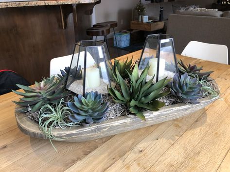 This is my attempt at a succulent centerpiece. Dough bowl with faux succulents, store bought Spanish moss, tin and glass candle enclosures, and fill sand. All materials bought from hobby lobby. Start to finish, 15 minutes. Home Décor, Decoration, Outdoor, Succulent Centerpiece Dining Room, Succulent Centerpieces, Succulent Bowls, Diy Succulents Centerpiece, Succulent Candle Centerpiece, Succulent Garden Diy