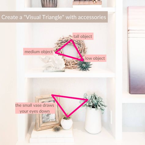 When styling accessories try to create a "visual triangle." As you style different areas of your home you want to group objects that are different heights and sizes. These groups will create your visual triangle. 🔺 Our eyes are naturally drawn to these groupings. If you want more tips like this then you MUST download my Ultimate Interior Design Cheat Sheet Bundle. It's filled with 9 cheat sheets including 4 super handy "how to" style guides. And the best part...it's FREE. 📝 Bedroom, Inspiration, Interior, Home Décor, Home Decor Tips, Shelf Decor Living Room, Office, Home Interior Accessories, Home Room Design