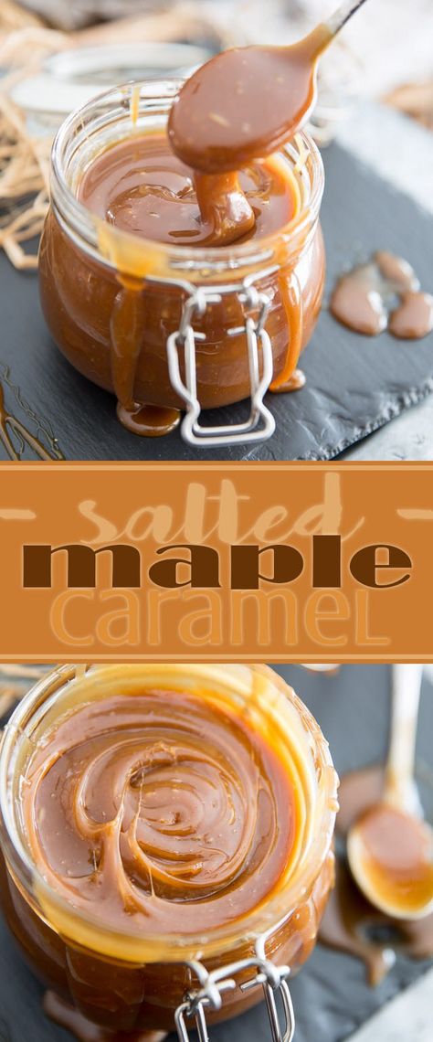Simply put, this Salted Maple Caramel is totally heavenly - it's just like spoonable maple fudge! So delicious, you'll want to bathe in it! Salsa, Desserts, Dips, Fudge, Caramel Sauce, Caramel Recipes, Maple Fudge, Maple Syrup Recipes, Maple Recipes