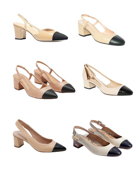 Get the look for less with these Chanel dupes. These classic cap toe slingback pumps are perfect for everyday and would look great paired with any work outfit. #chaneldupes #designerdupes #slingbackpumps Cap Toe Shoes Outfit, Chanel Pumps Outfits, Chanel Slingback Outfit, Chanel Slingback Shoes, Chanel Inspired Outfit, Pumps Outfit, Chanel Pumps, Chanel Heels, Work Heels