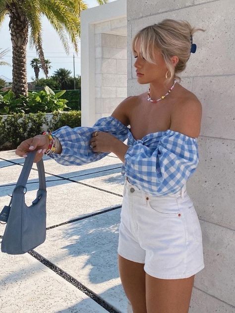 light blue gingham check top and white denim shorts Coastal Beach Outfit Aesthetic, Cute 4 Of July Outfits, Cape Cod Outfit Spring, Fourth Of July Outfits For Women Classy, 4 July Outfits, July Fourth Outfit, Calleigh Core, Outfits For Charleston Sc Summer, Fourth Of July Outfits Aesthetic