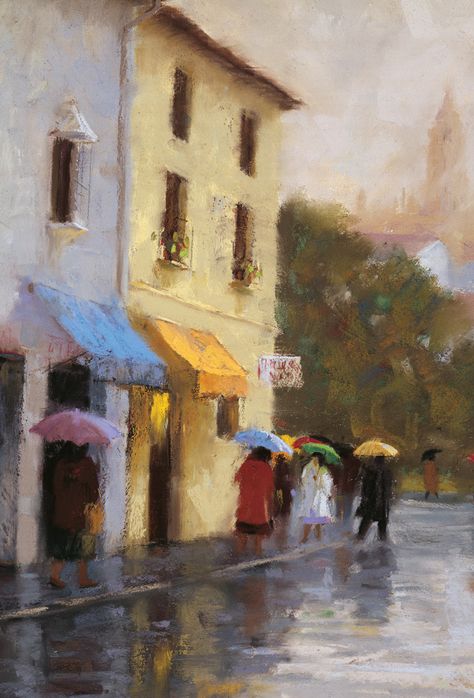 Rainy Street scene in pastel by Roger Williams. this painting came from Roger's last trip to Spain. #Toledospain #art #fineart#rogerwilliamsart #pastel #rain #painting #homedecor Pastel, Paintings, Art, Landscape Paintings, Scenery Paintings, Cityscape, European Paintings, Artist At Work, Fine Art
