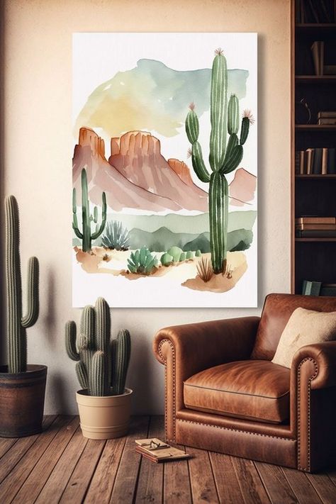 https://decomagz.com/creative-and-beautiful-cactus-room-decor-20-best-ideas/ Watercolor Art For Wall Decor, Boho Art Projects, Watercolor Paintings For Wall Decor, Desert Watercolor Paintings Simple, Desert Colors Bedroom, Cactus Desert Painting, Arizona House Decor, Arizona Painting Easy, Southwest Desert Decor