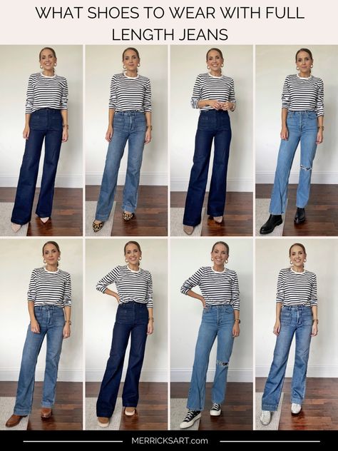 What Shoes to Wear With Full-Length Jeans - Merrick's Art Denim Outfits, Dressing, Outfits, Jeans, Flare Leg Jeans, Trouser Jeans Outfit, Jeans Style, Flare Jeans, Jeans Outfit Winter