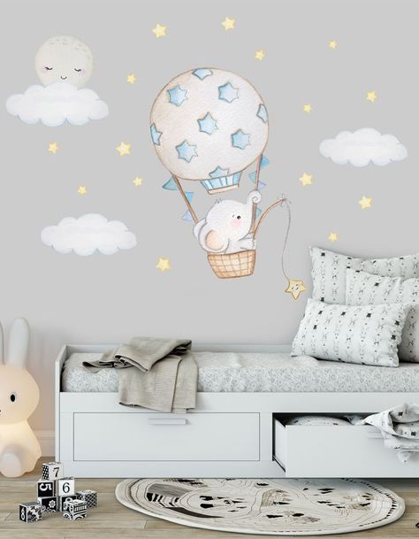 baby room forest artwork Elephant Wall Decal, Baby Room Wall Ideas, Elephant Nursery Mural, Mural Elephant, Baby Room Boy, Baby Room Wall Decals, Baby Room Wall Stickers, Art Balloon, Balloon Nursery