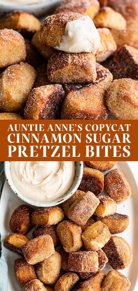 Better than Auntie Anne's! These easy copycat Cinnamon Sugar Pretzel bites are the best homemade snack or dessert recipe. Made with yeast for ultra fluffy, buttery pretzel bites that are coated in cinnamon sugar. Perfect for serving a crowd on game day! Served with an easy cream cheese frosting dip. #pretzelbites #cinnamonsugarpretzelbites Dessert, Snacks, Desserts, Cinnamon Sugar Pretzels, Pretzel Bites, Pretzel, Sweet Snacks Recipes, Fun Baking Recipes, Sweet Snacks
