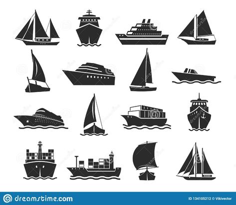 Illustration about Ship and marine boat black silhouette set. Small and large seagoing vessels. Vector line art illustration on white background. Illustration of pictogram, logistic, export - 134105212 Art And Illustration, Illustrators, Tattoo, Boat Tattoo, Boat Vector, Boat Illustration, Boat Silhouette, Ship Logo, Boat Icon