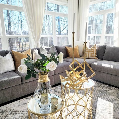 Interior, Home Décor, Gray Couch Living Room, Sectional Couch, Gray Couch Decor, Gray Sectional, Cream And Gold Living Room, Sofa Design, Gold Accents Living Room