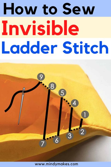 Step by step tutorial and tips for sewing the perfect ladder stitch so seams will appear invisible. Useful to repair holes in clothes and mend a hole in fabrics. A must know for all sewing projects. | Ladder Stitch Tutorial | Invisible Stitch | Hidden Stitch #sewingtips #sewingforbeginners #sewingtipsandtricks #sewinghowto Sew Ins, Sewing Lessons, Quilting, Sewing Basics, Sewing Techniques, Quilts, Sewing Holes In Clothes Video, Sewing Alterations, Sewing Stitches