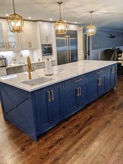 Coordinating hardware with Moen Brushed Gold Brushed Gold Kitchen Hardware, Gold Faucet Kitchen, Gold Kitchen Hardware, Blue White Kitchens, Kitchen Remodel Inspiration, Blue Kitchen Cabinets, Dream Kitchens Design, Kitchen Inspiration Design, Kitchen Cabinet Colors